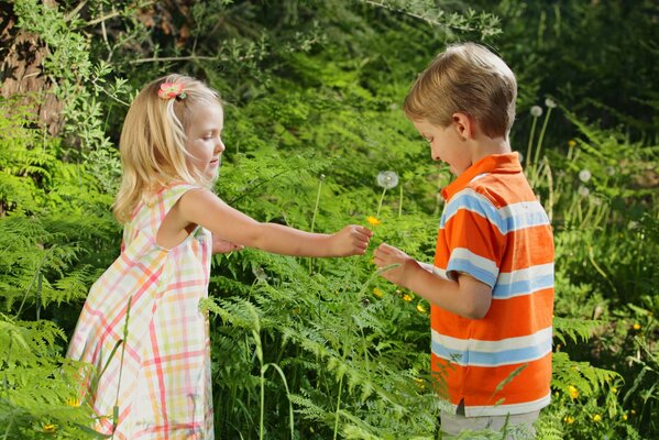 Una niña le da un diente de León a un niño