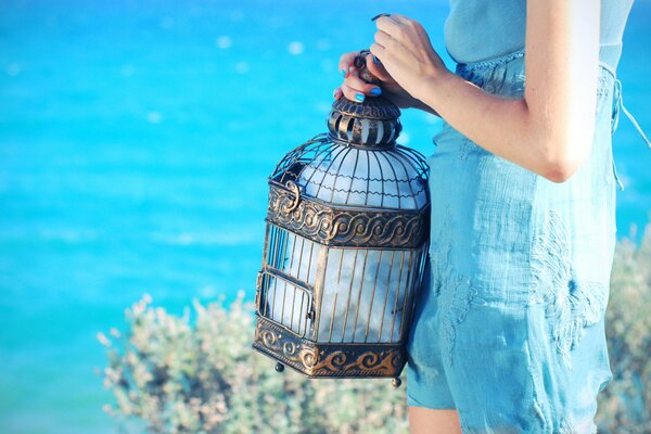 A girl with a birdcage on the seashore