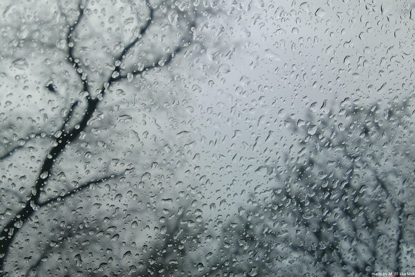 Raindrops running down the glass