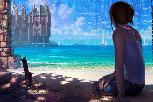 Imagen de Reishin con una chica junto al mar y el castillo