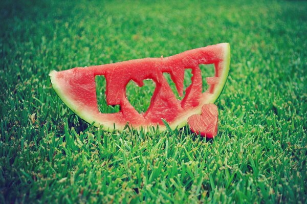 Wassermelone auf Gras mit ausgeschnittenen Buchstaben