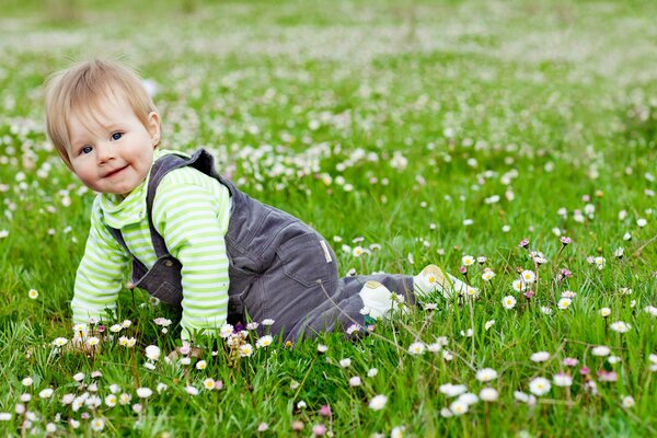 A happy child is sitting in the grass with flowers