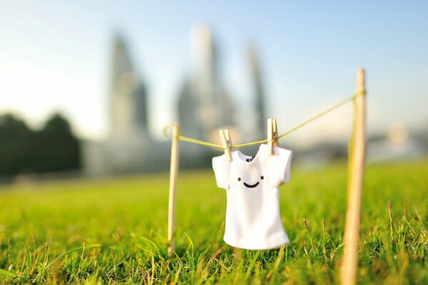 Una camiseta sonriente que se seca en el campo