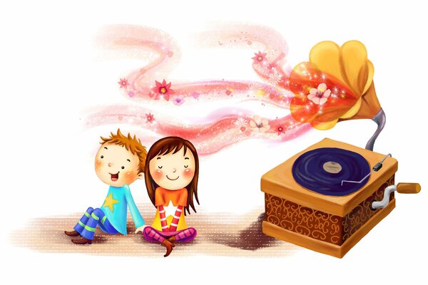 A girl and a boy listen to beautiful music on a gramophone