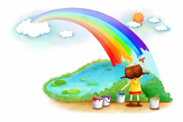 Fille dessine un arc-en-ciel coloré dans le ciel
