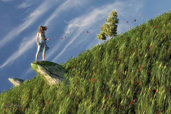 Art of a girl standing on a rock