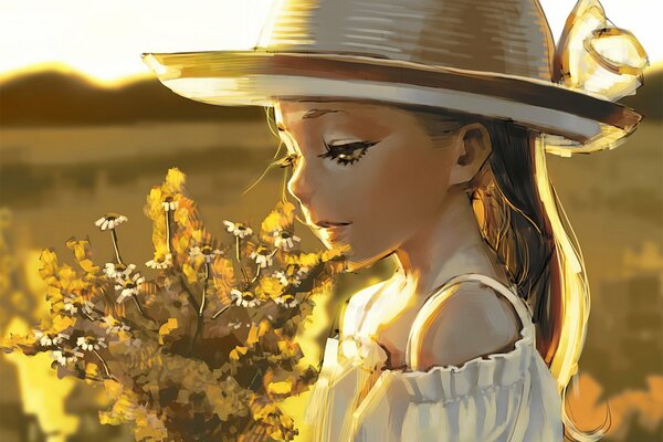 Art avec une fille au chapeau avec un bouquet de fleurs