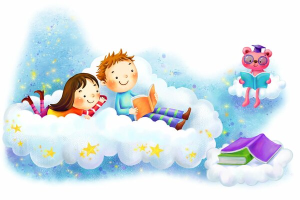 A boy and a girl lie on a cloud among the stars and read a book in the company of a pink panther with a degree
