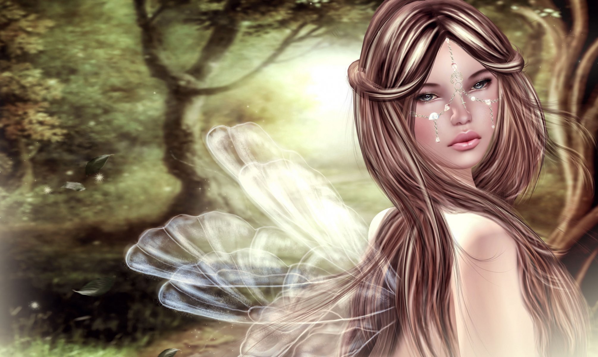 girl face hair view wings rendering background