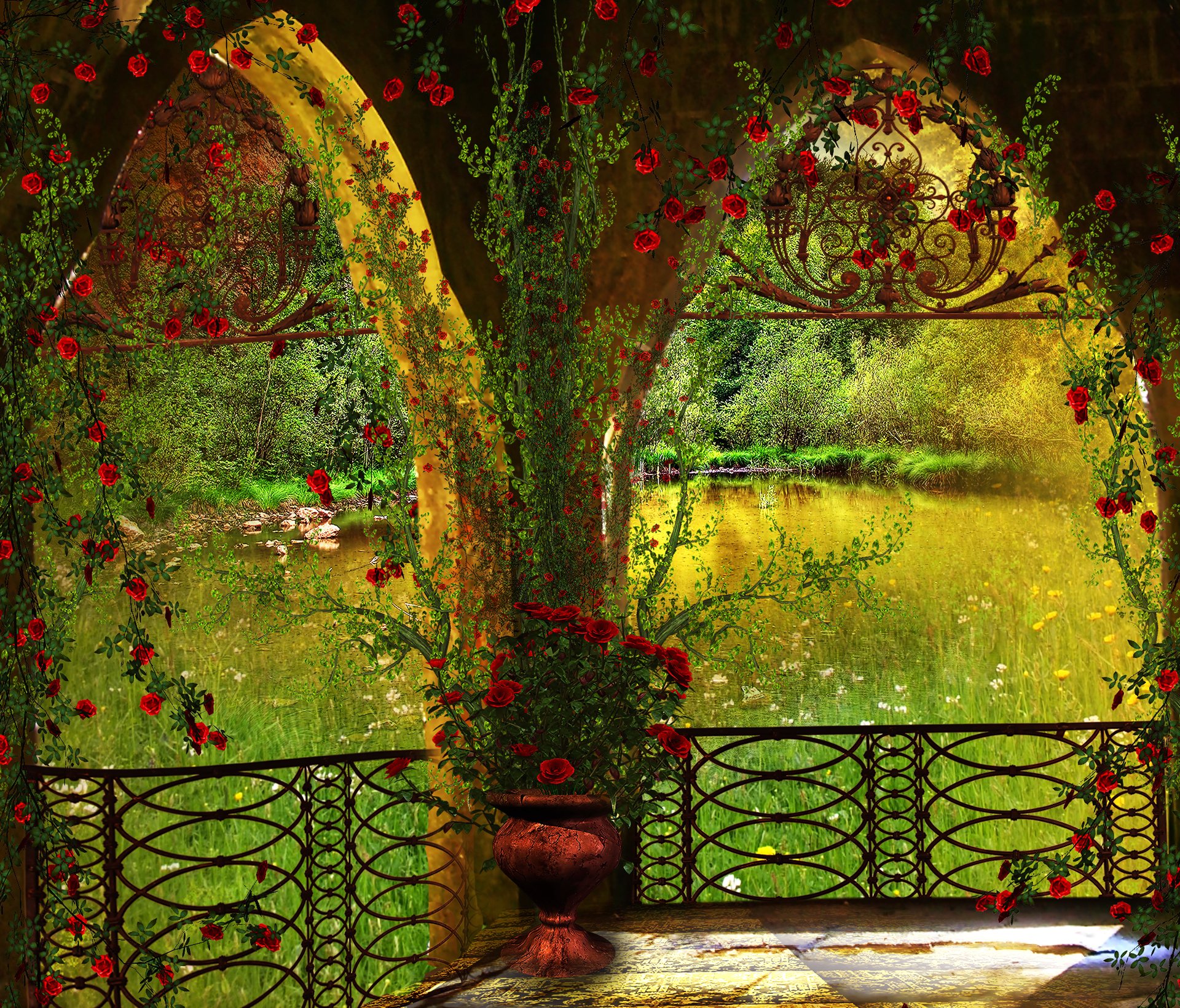 un étang un parc une pergola un arc des arbres des fleurs