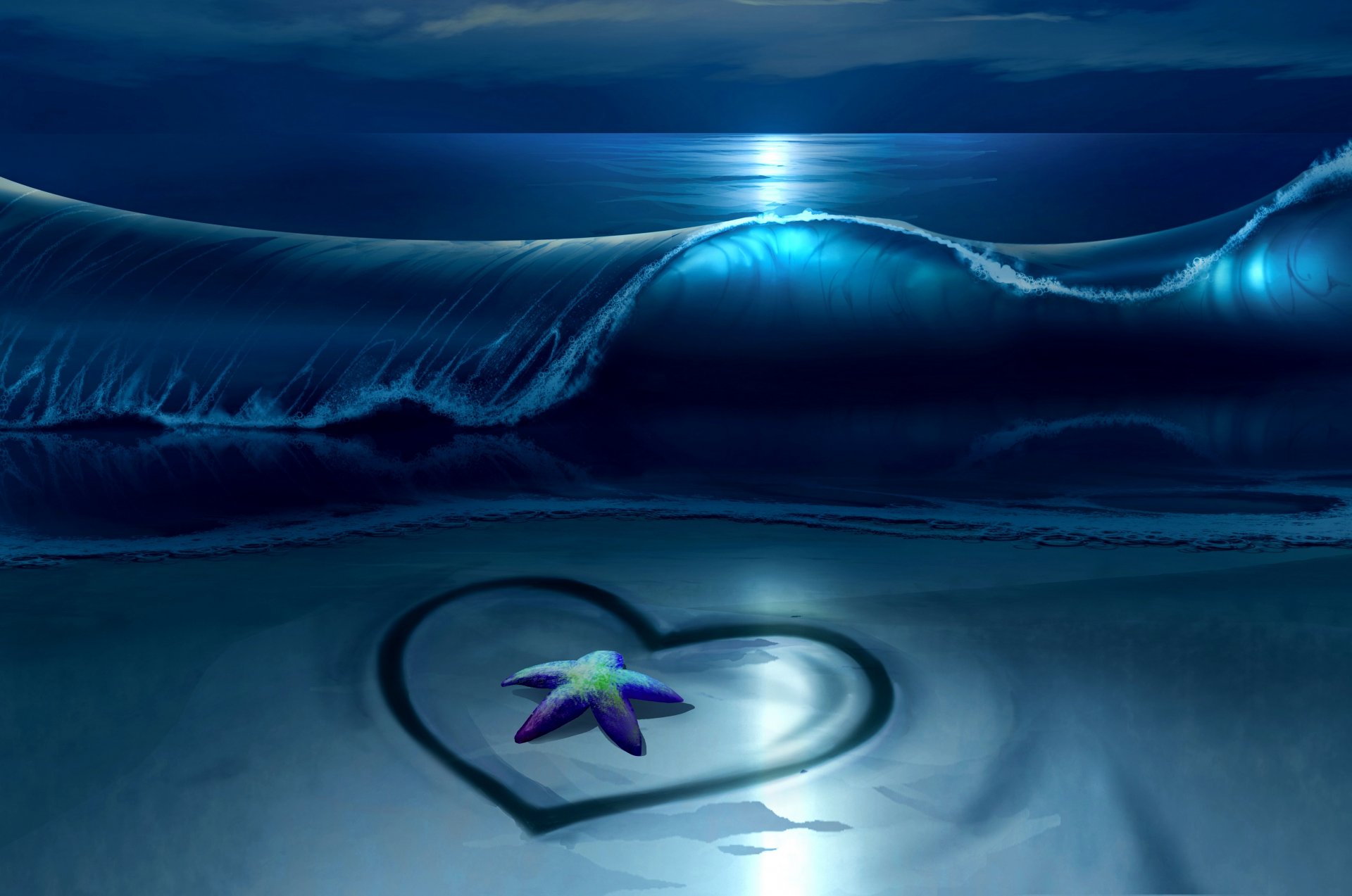 night beach sea waves heart starfish star