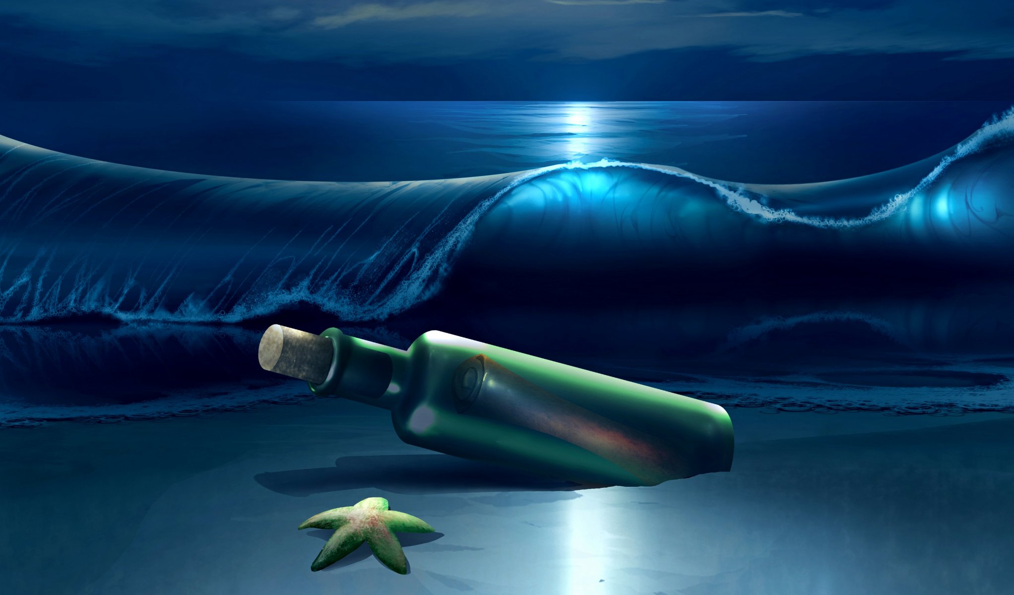 nacht meer wellen flasche seestern sterne