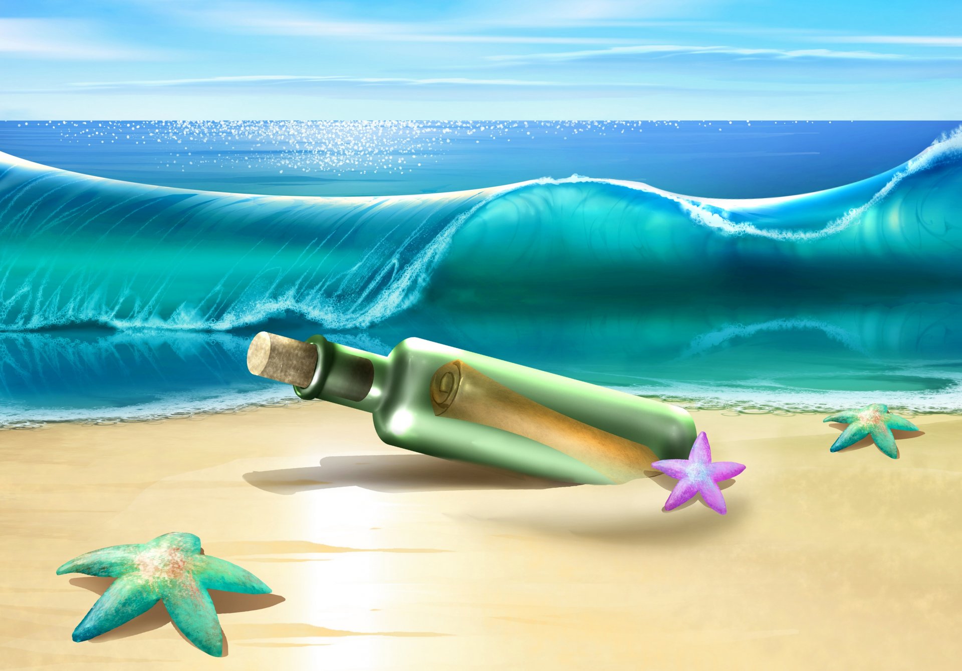 beach sea waves bottle star