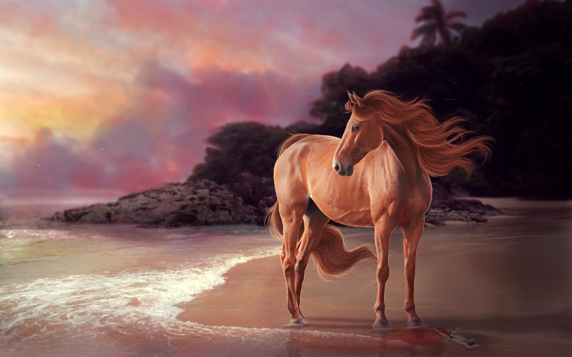 rendering animale cavallo criniera vista mare riva