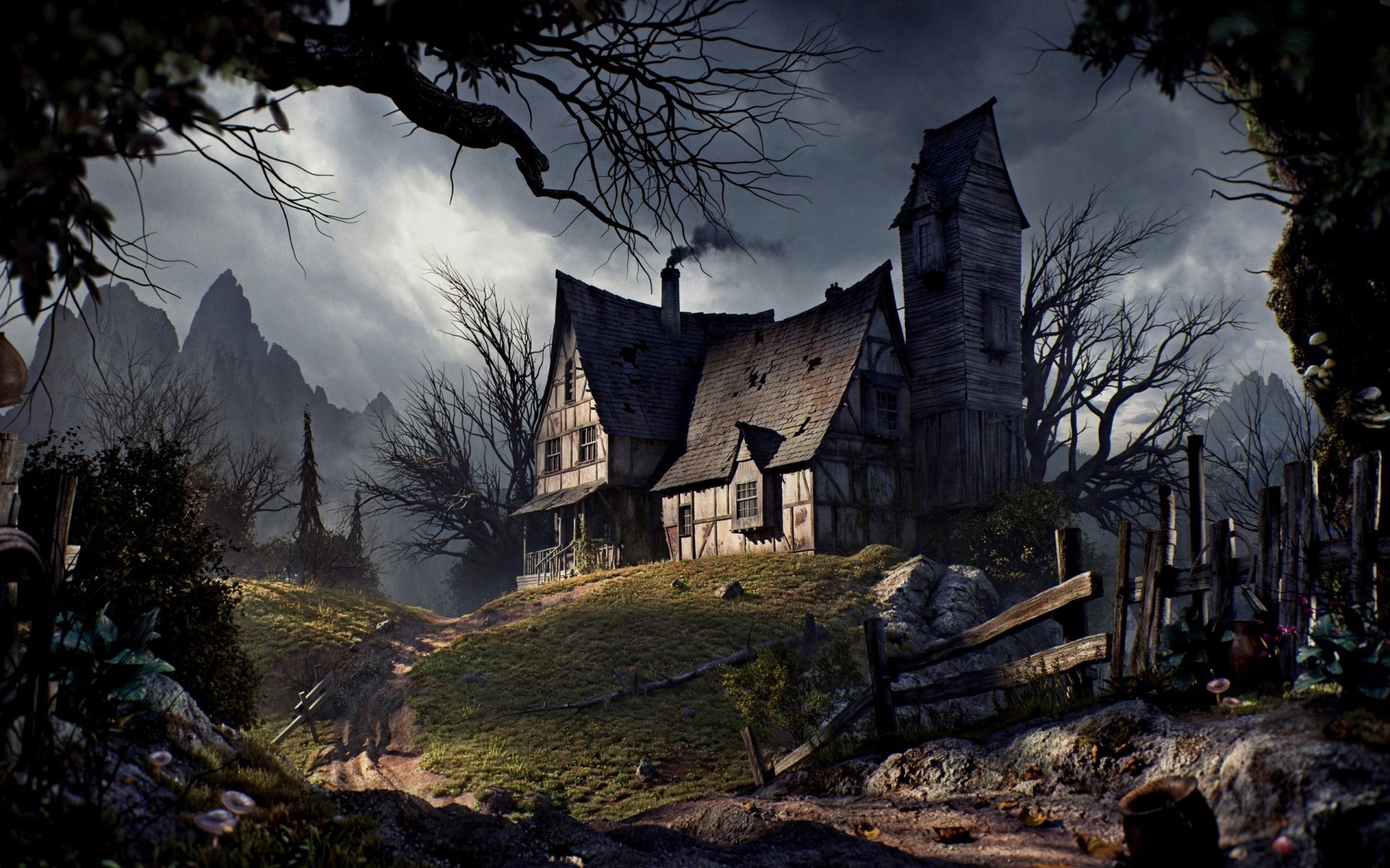 une vieille maison halloween chemin clôture arbres montagnes