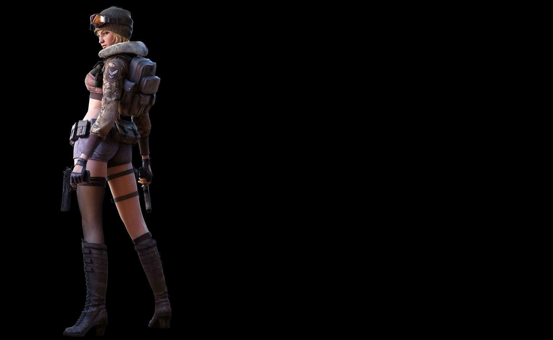 rendering 3d girl view boots weapon black background