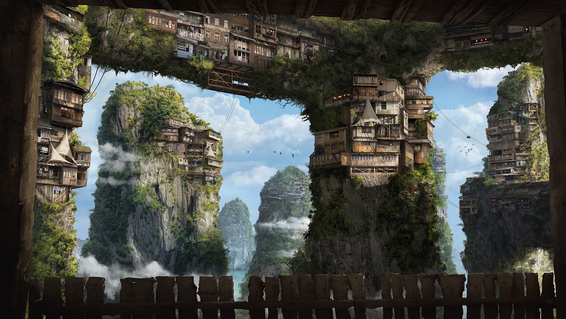 render mundo de fantasía rocas casas vegetación altura nubes cuerdas cuerdas valla tablas