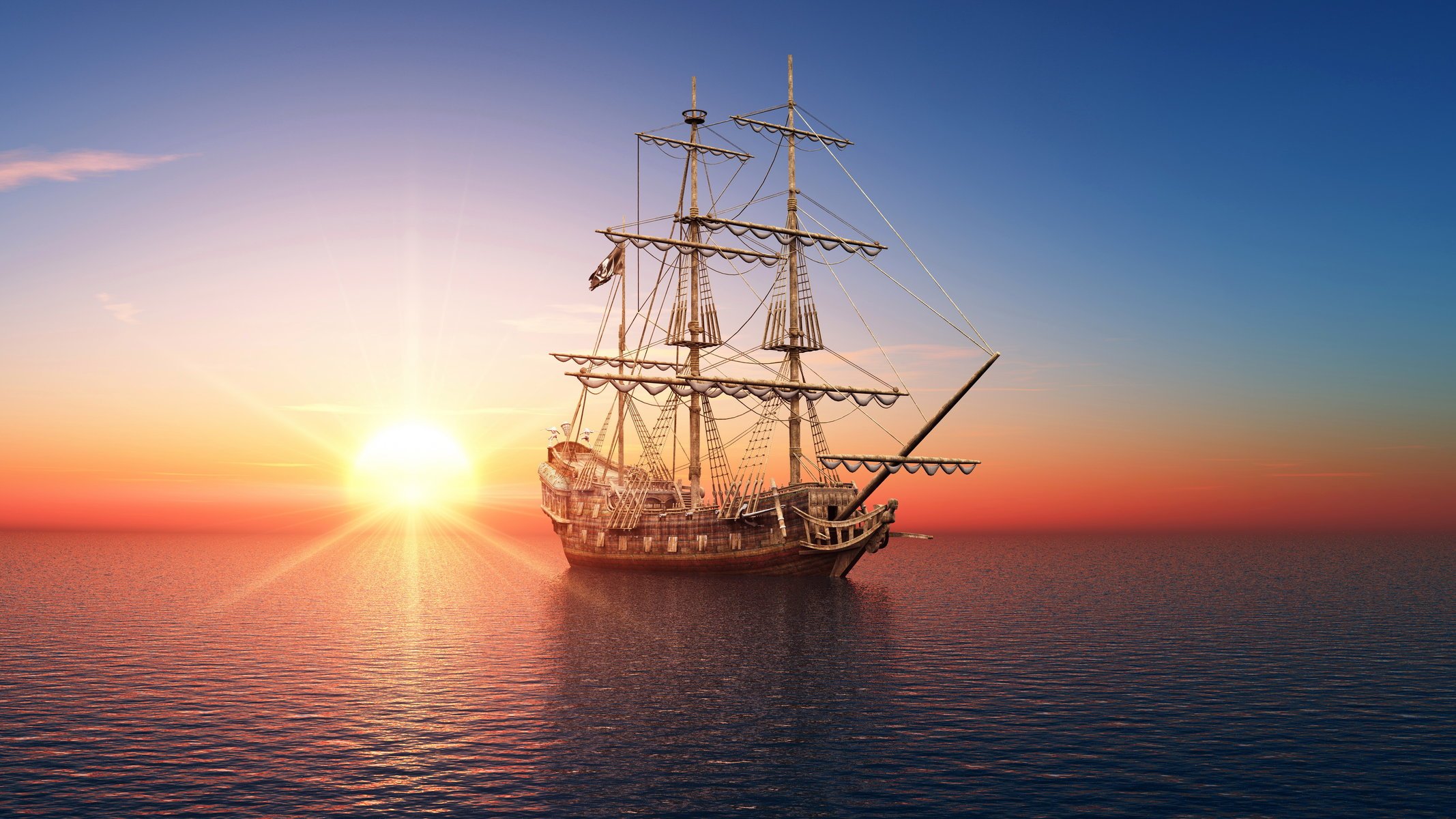 barco velero mar amanecer puesta del sol gráficos en 3d foto