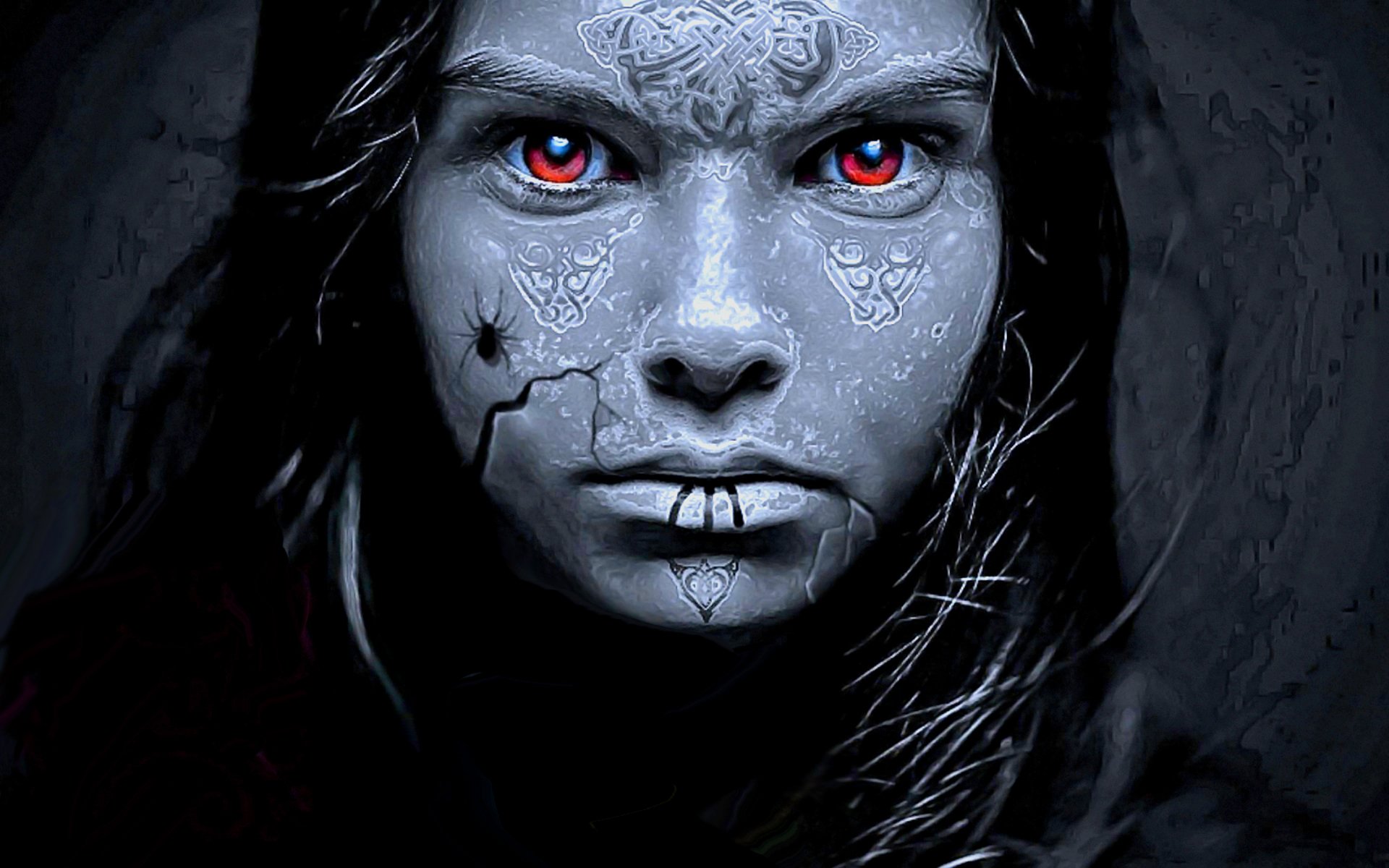 female red eyes blue skin scars in the form of symbols brunette