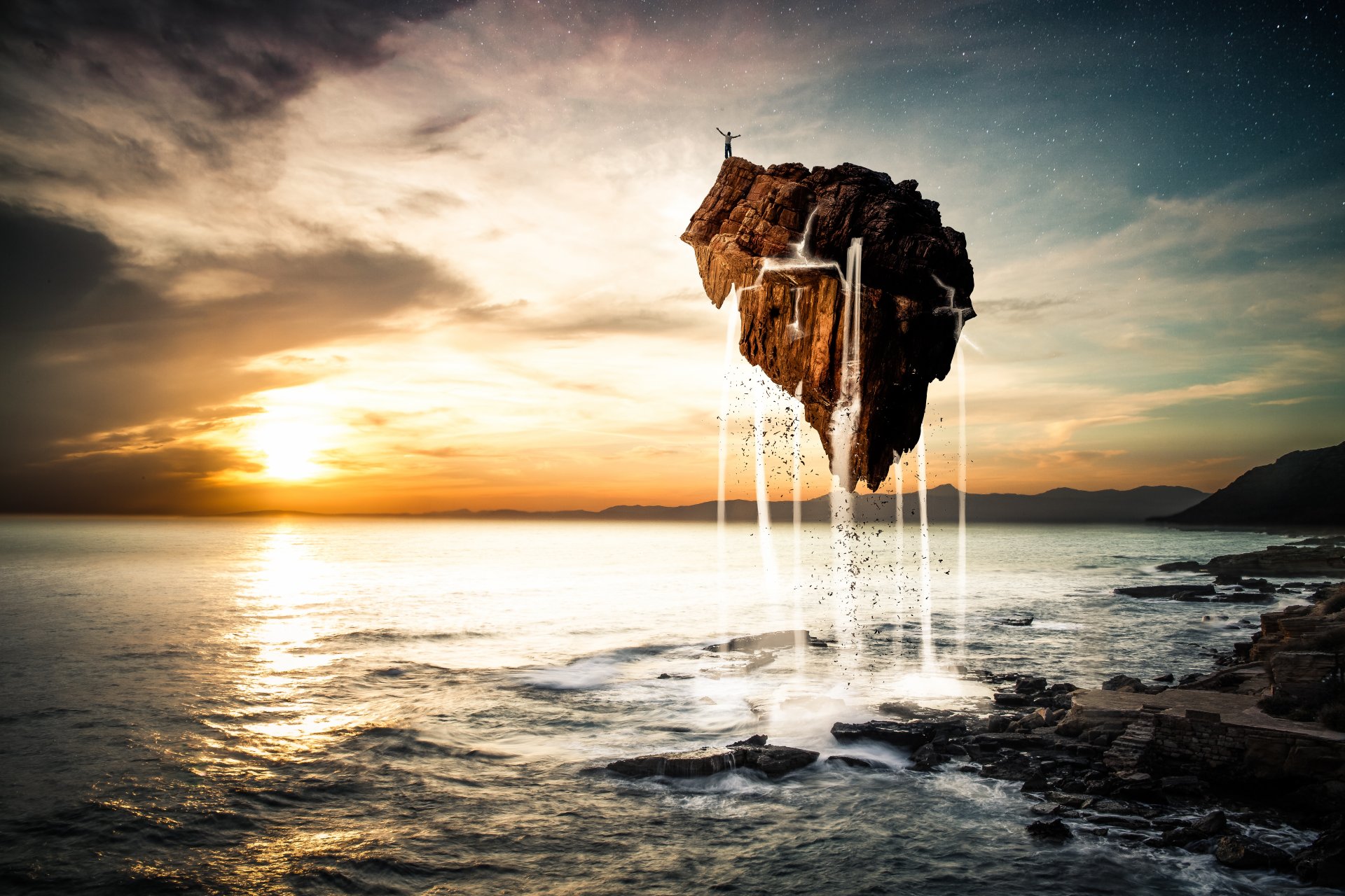 kunst landschaft meer wasser insel sonnenuntergang wolken himmel sterne stein fliegen mann