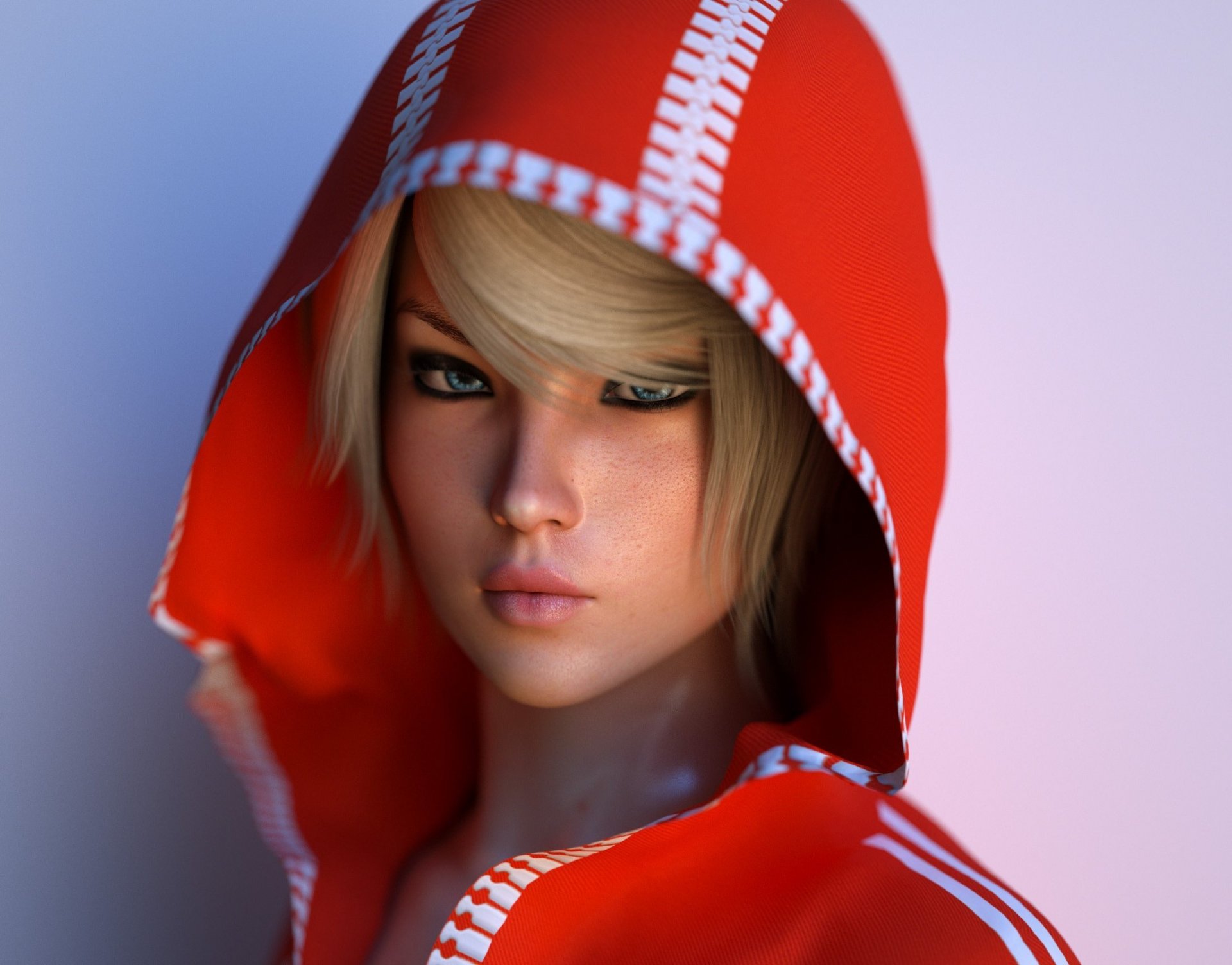 rendering girl 3d blonde view hood