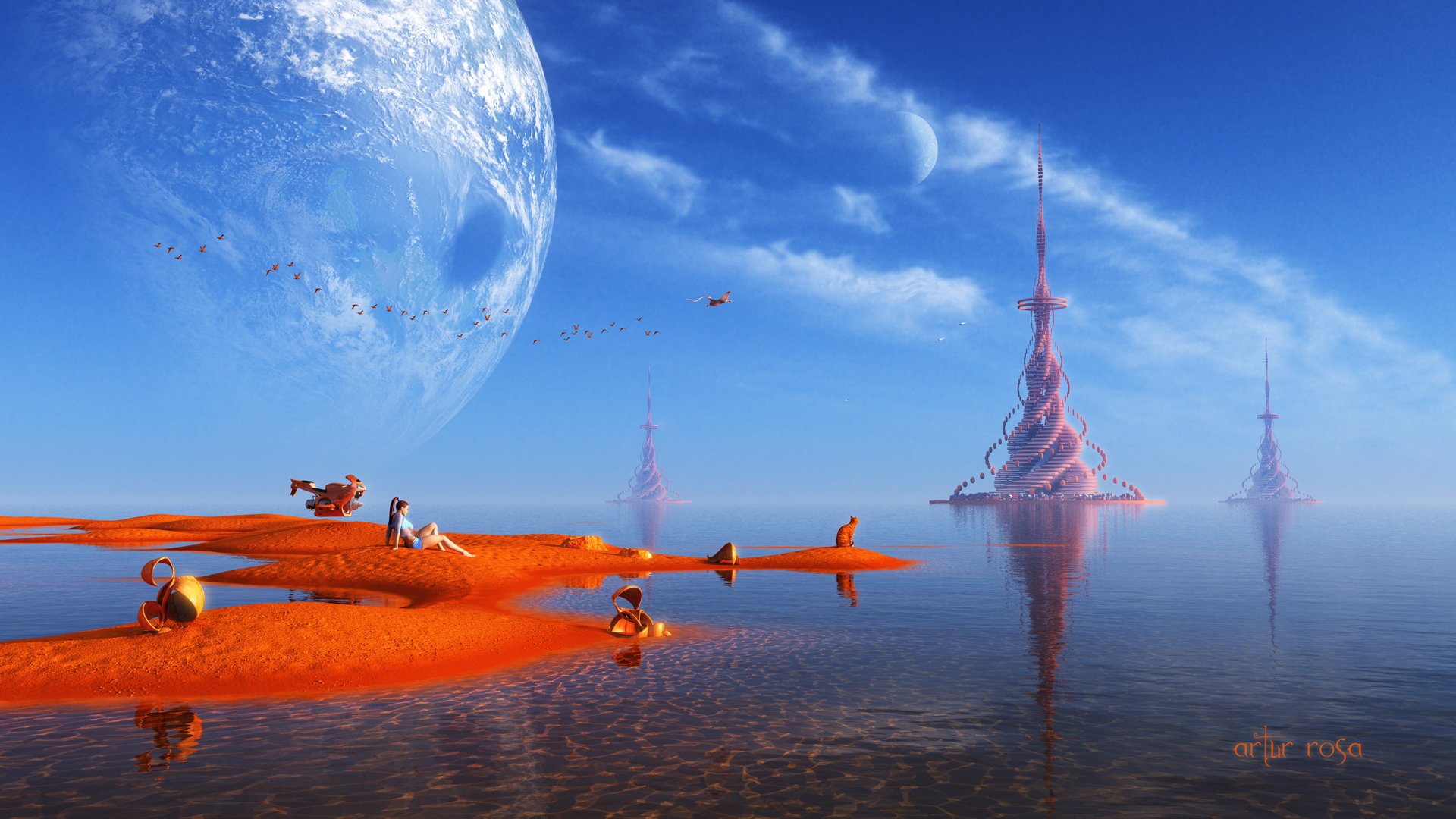 render landscape fantasy world tower girl transportation sand being birds planet water