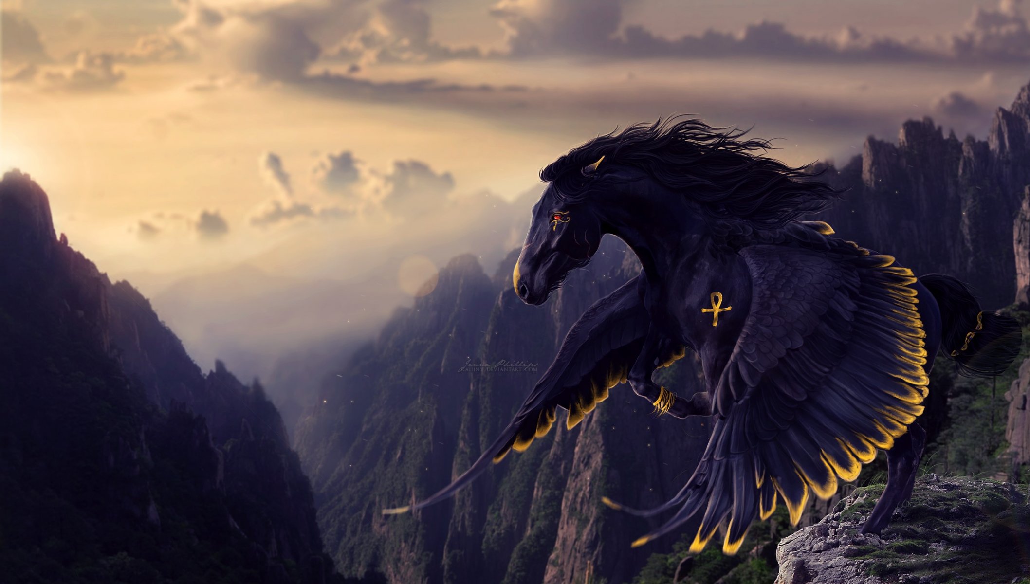 rendering black horse wings view mane