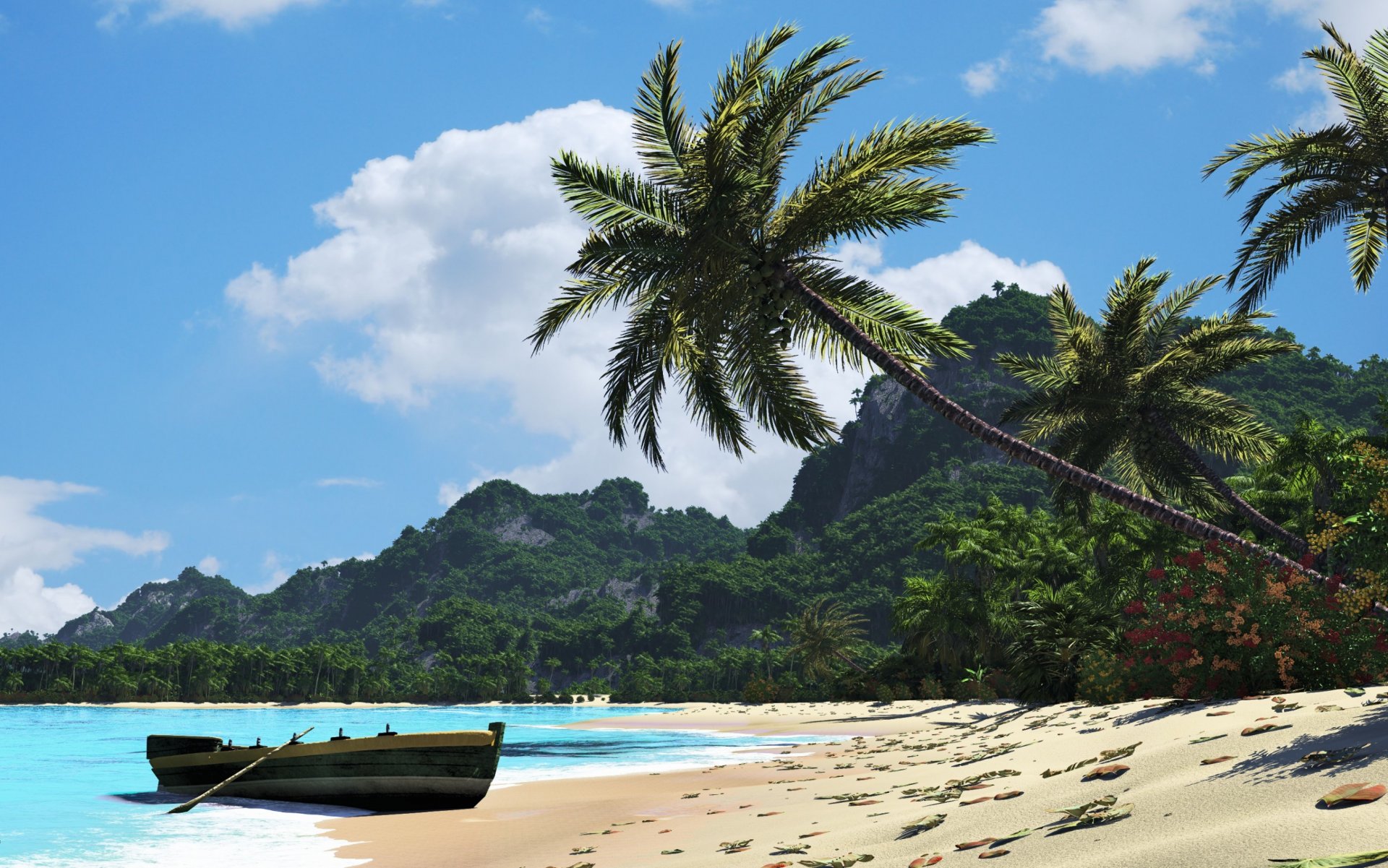 le bateau les palmiers la plage les feuilles les collines ensoleillé