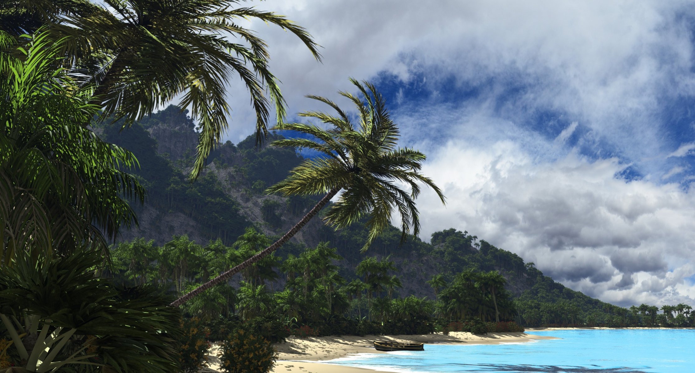 la nature la mer la plage les palmiers les tropiques le bateau les collines les nuages