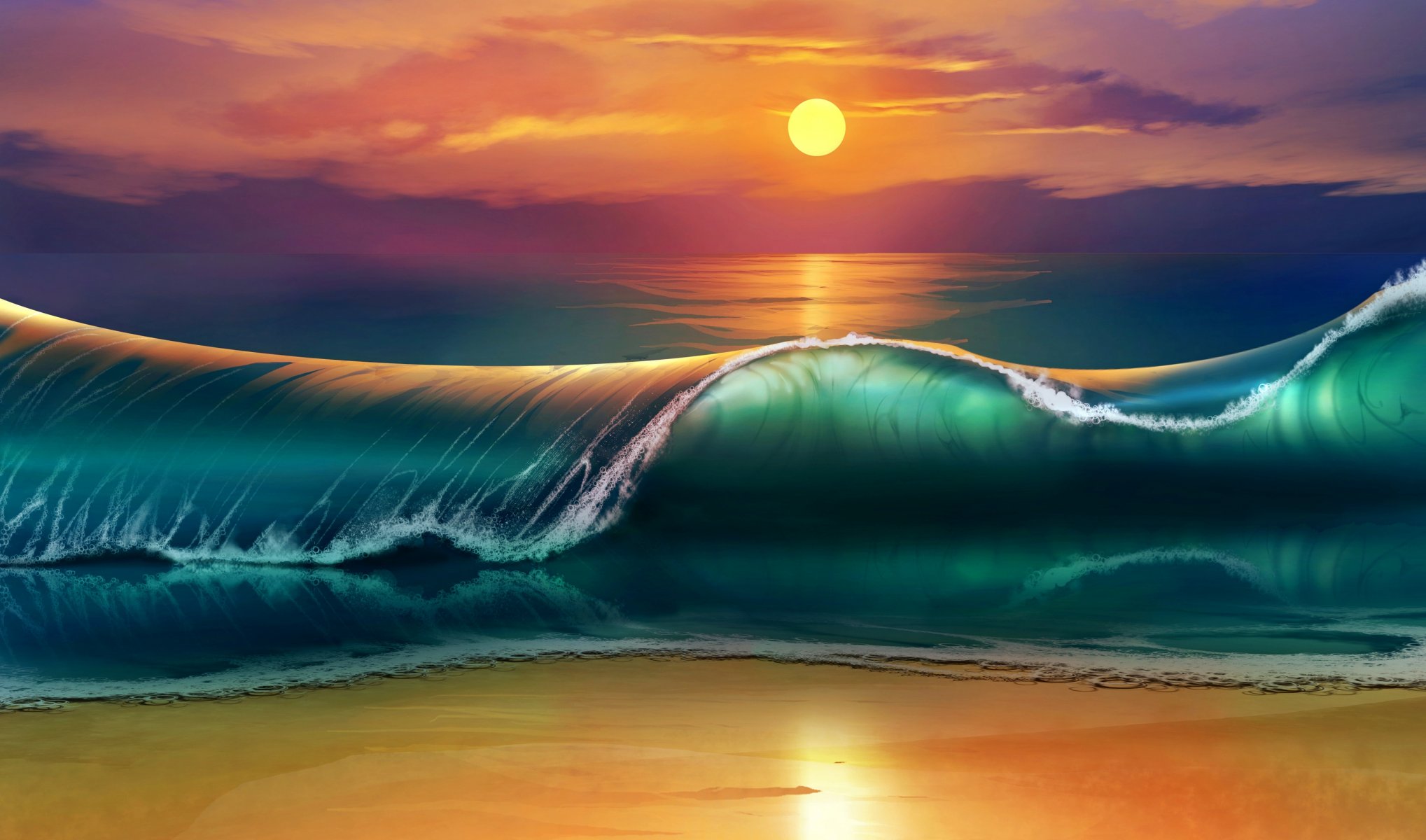 unset beach sea wave