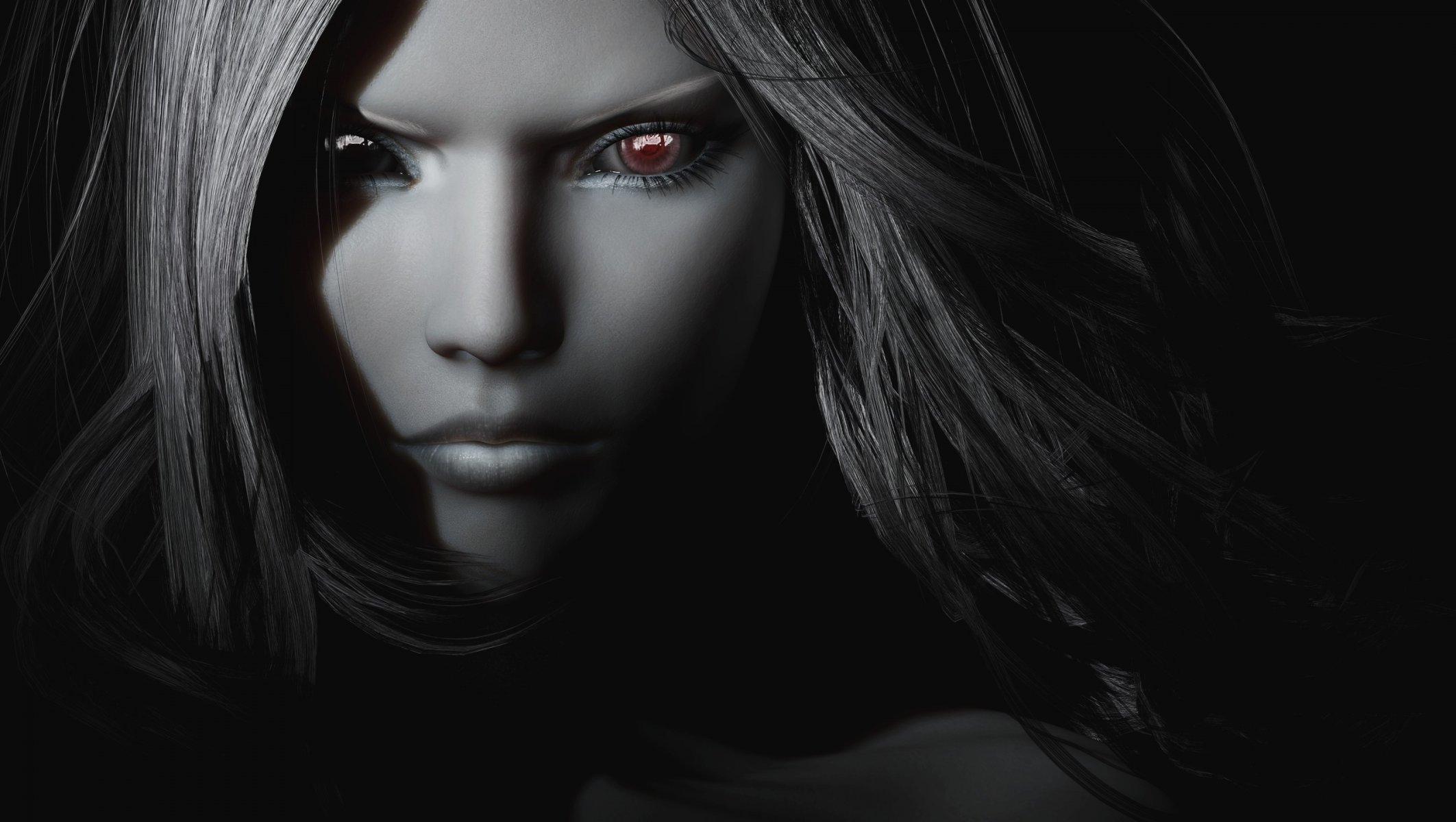 rendering black and white girl hair eyes vampire