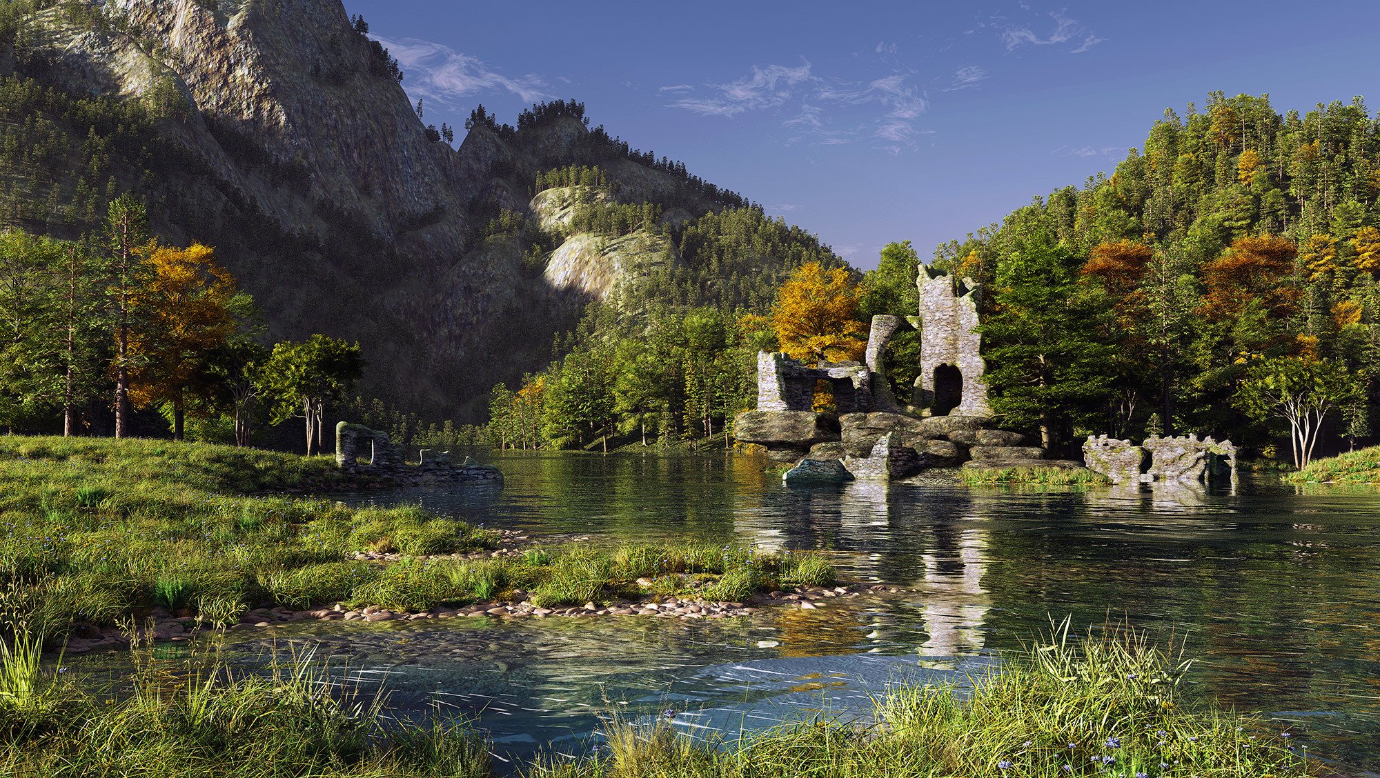 paesaggio rendering rovine montagne ruscello erba