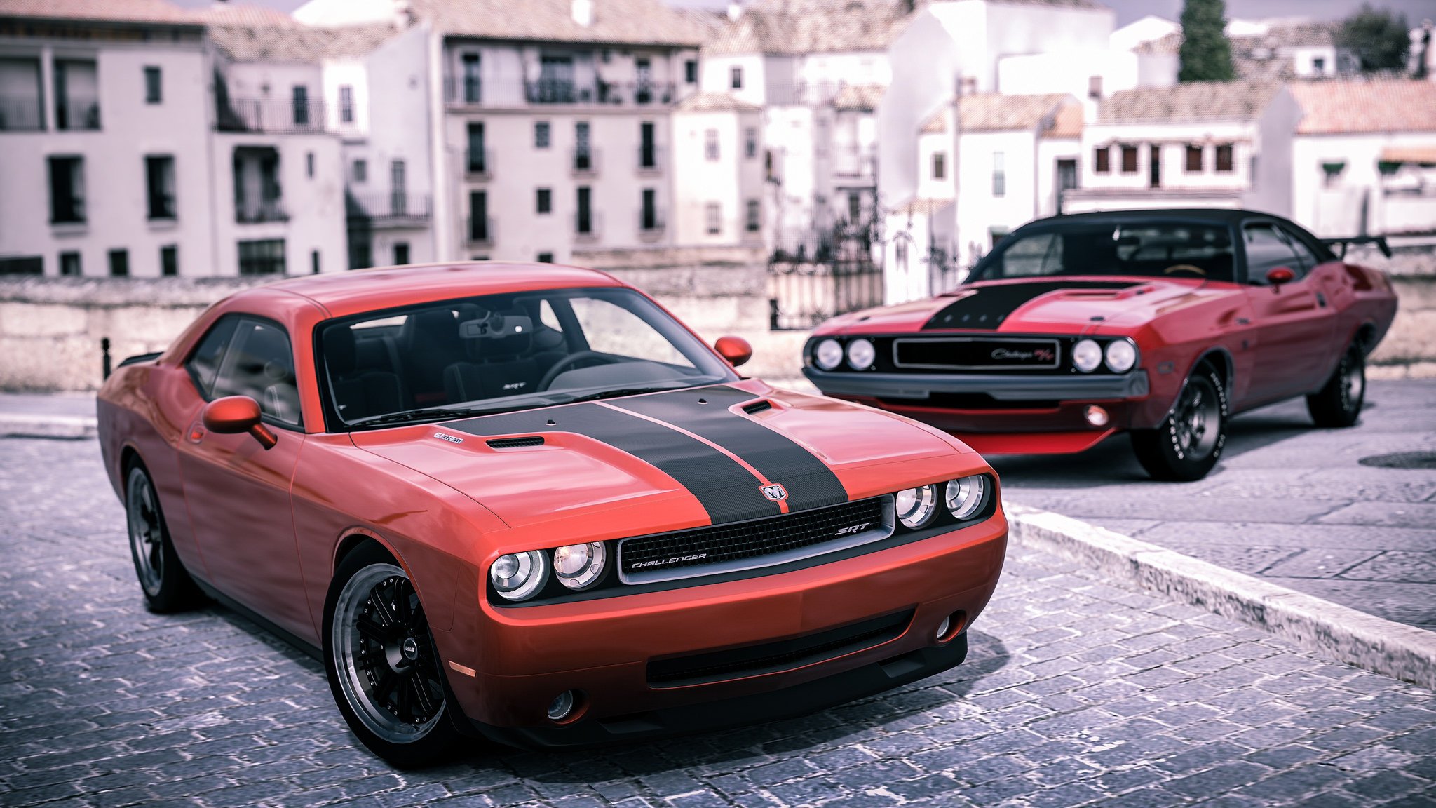 schivare challenger muscle car muscle car anteriore città rendering sfondo