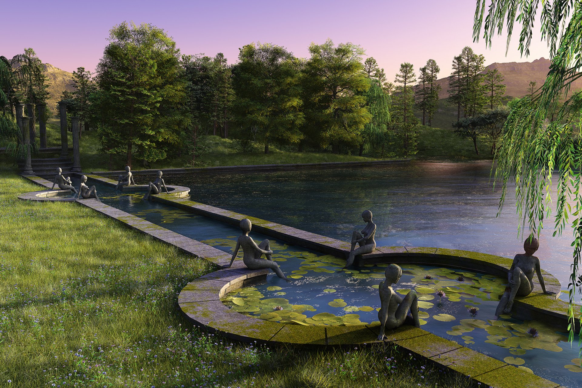 rendering parco stagno statua lago alberi tramonto