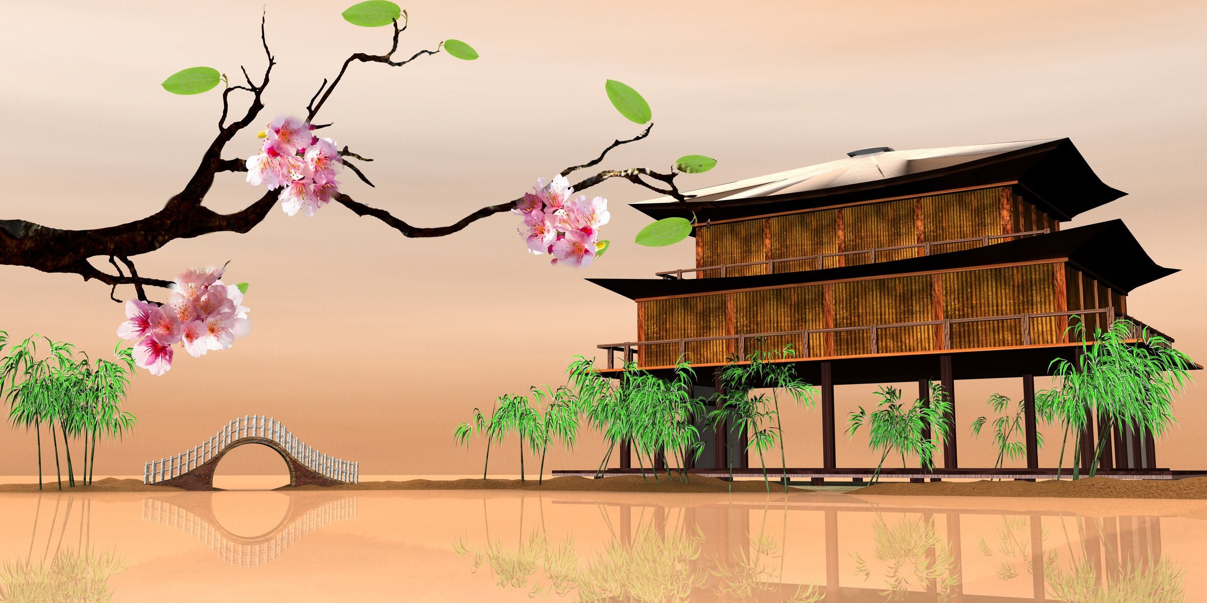 oriental scenery sakura house on the water eastern landscapes 3d