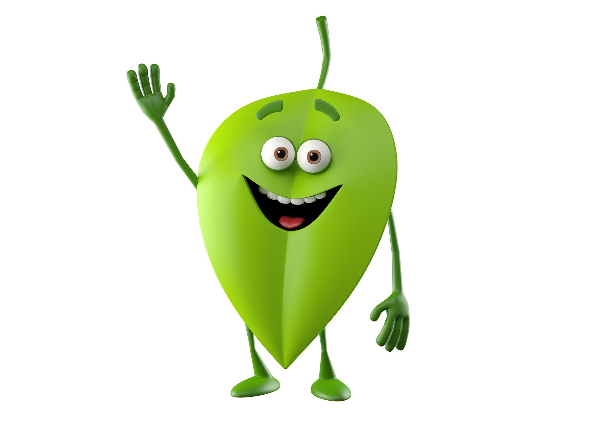 bright smiling monster on a white background monster green leaf happine