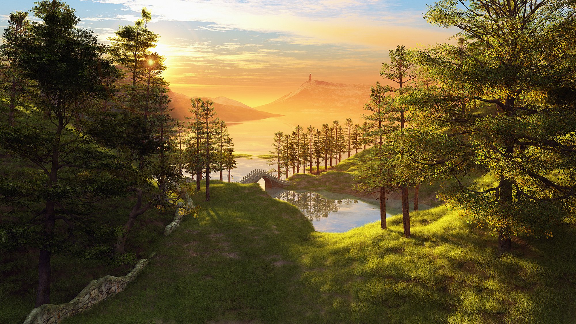 render colline foresta torre tramonto ponte