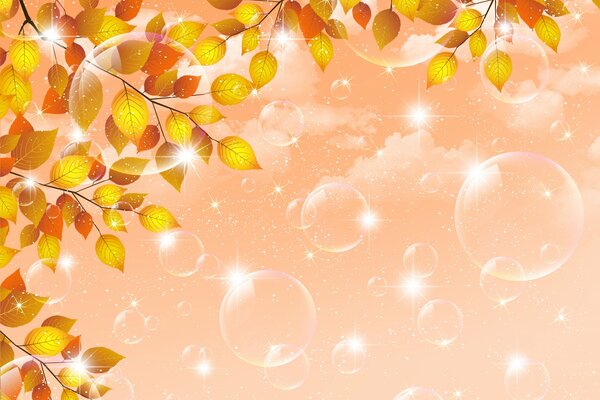 Bubbles, leaves and clouds on an orange background