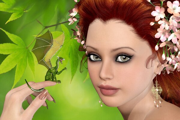 A girl with a dragon on a green background