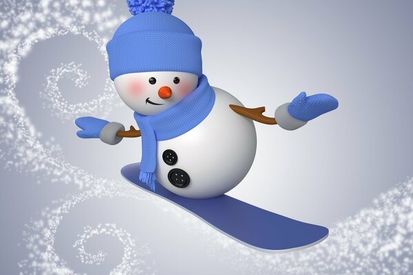 Muñeco de nieve con sombrero azul haciendo snowboard Buke