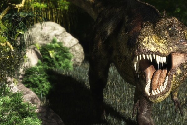 Rendering di dinosauri con bocca aperta e zanne