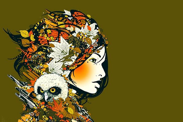 La jeune fille de feuilles, avec le visage d oiseau