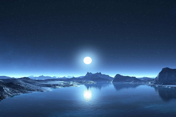 La Luna en el fondo de las montañas y el agua