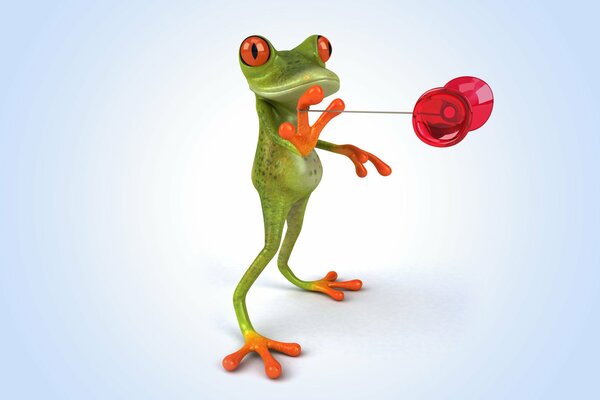 A straight-walking frog with a yo-yo in its paw