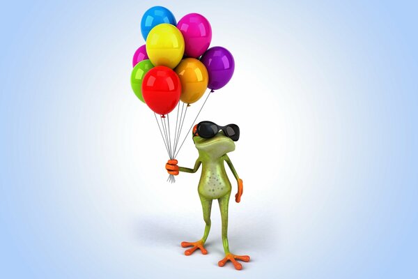 Dessin animé grenouille, qui se tient dans une patte de ballons multicolores