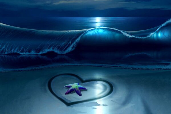 Estrella de mar en el corazón en la playa de la noche