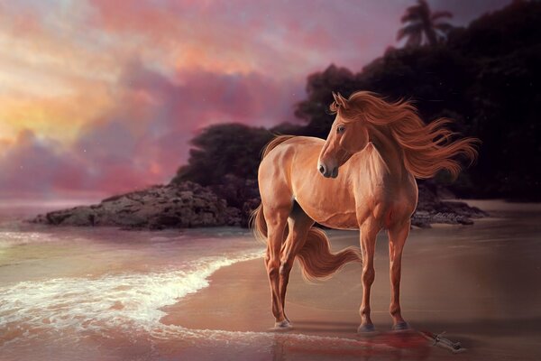 Арт лошадь на песчаном берегу