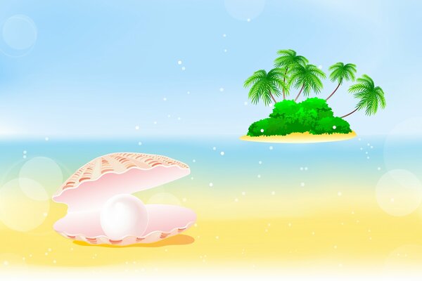 A shell with a pearl and an island with palm trees in the sea