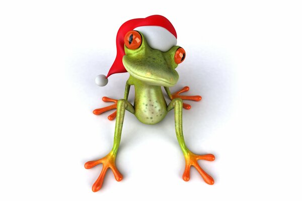 A painted frog in a Santa Claus hat