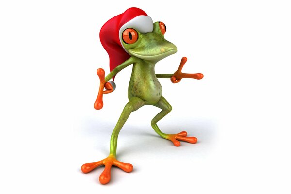 Una rana muestra dos dedos con sus patas en un sombrero de año nuevo